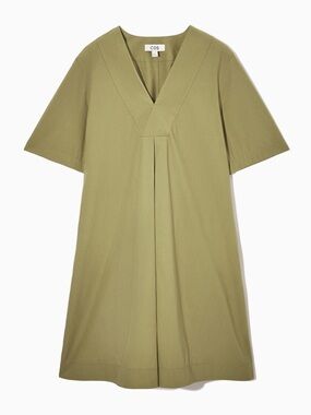 COS Olive V-Neck Pleated Short Sleeve Tunic